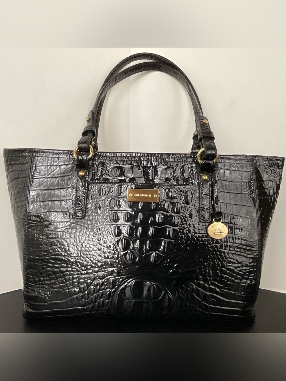 Brahmin Medium Asher Black Croc-Embossed Patent Leather Tote with Gold Hardware